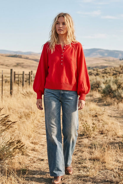 Sunday Social Henley Balloon Sleeve Sweater