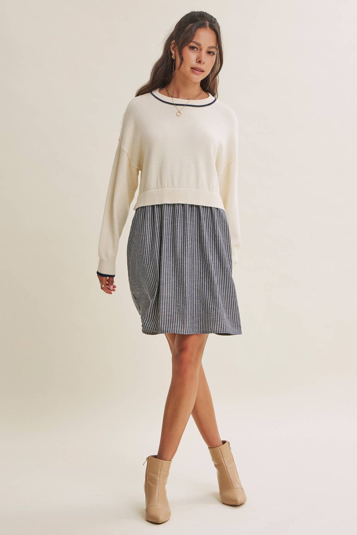 GOLDEN FIELDS LAYERED CONTRAST TWOFER STRIPE MINI DRESS
