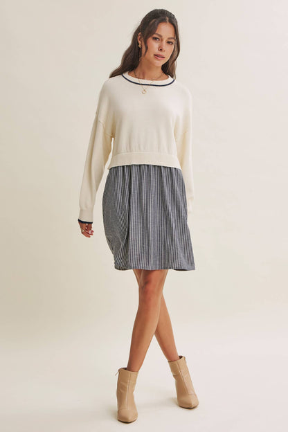 GOLDEN FIELDS LAYERED CONTRAST TWOFER STRIPE MINI DRESS