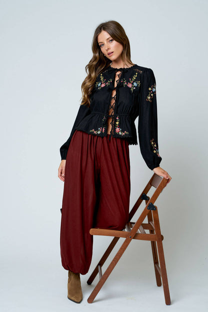 FLORAL EMBROIDERY CROCHET LACE TRIM FRONT TIE TOP