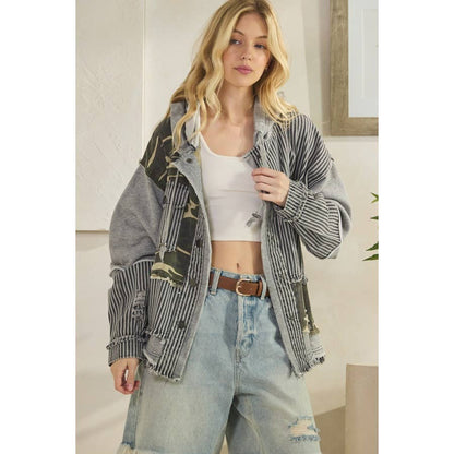Oli & Hali Mixed Fabric  Hooded Button Down Jacket