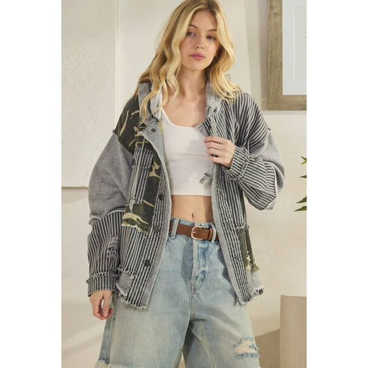 Oli & Hali Mixed Fabric  Hooded Button Down Jacket