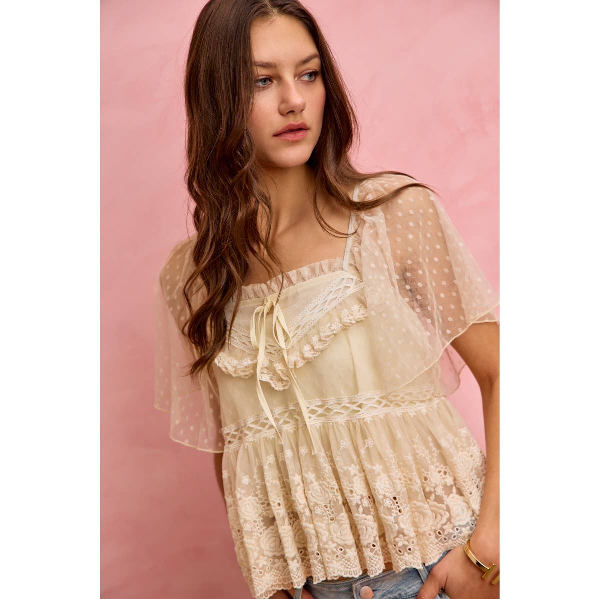 BOHEMIAN LACE TRIM RUFFLED MESH DOT BLOUSE TOP