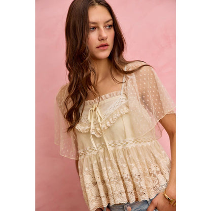 BOHEMIAN LACE TRIM RUFFLED MESH DOT BLOUSE TOP
