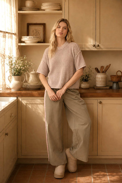 WASHED CREW NECK RAW EDGE SHORT SLEEVE SWEATER
