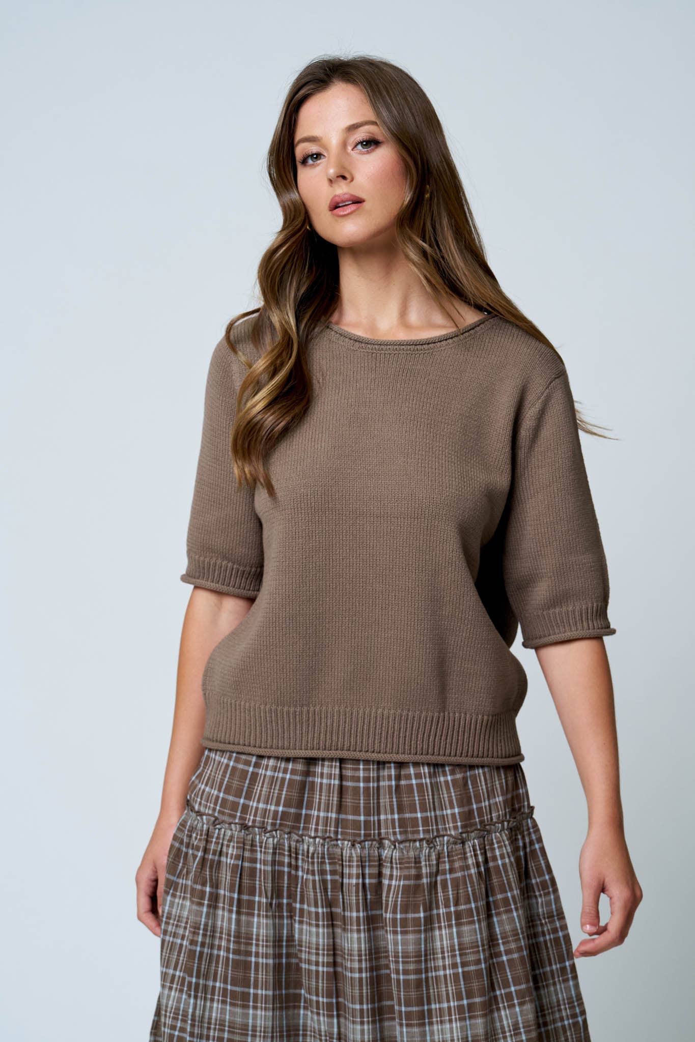 RAW EDGE HALF SLEEVE SWEATER KNIT TOP
