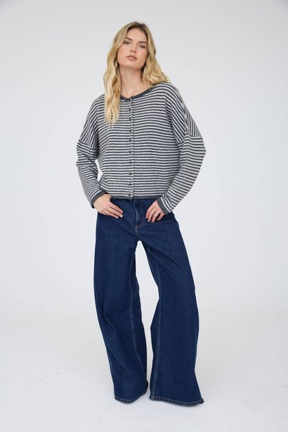 STRIPE RAW EDGE DROP SHOULDER KNIT CARDIGAN