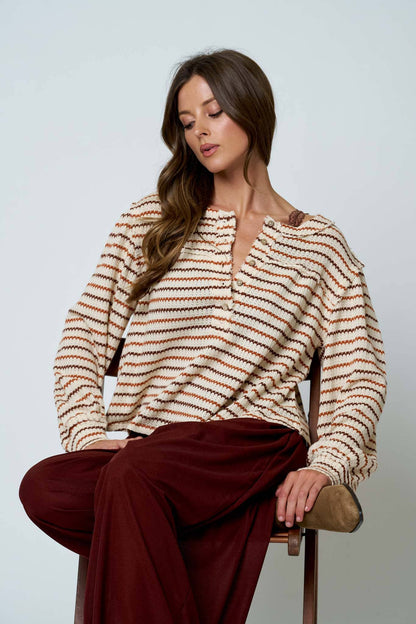 MULTICOLOR STRIPE YOKE DETAIL KNIT TOP