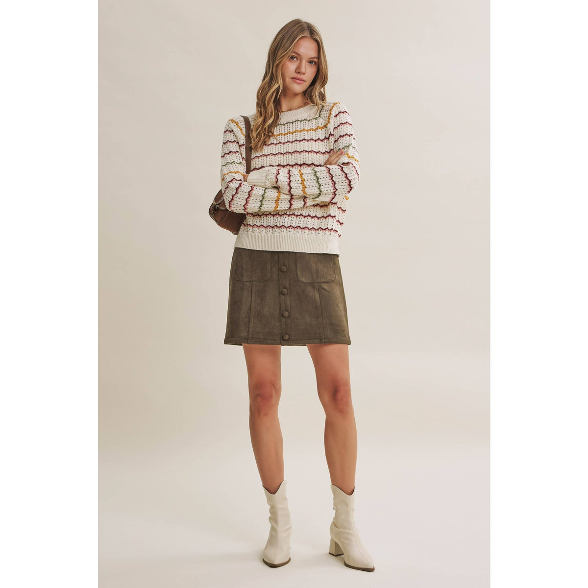 ARTISAN MULTI-COLOR CROCHET-LIKE SCALLOP STRIPE SWEATER