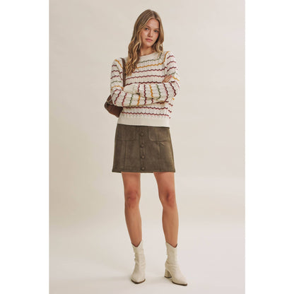 ARTISAN MULTI-COLOR CROCHET-LIKE SCALLOP STRIPE SWEATER