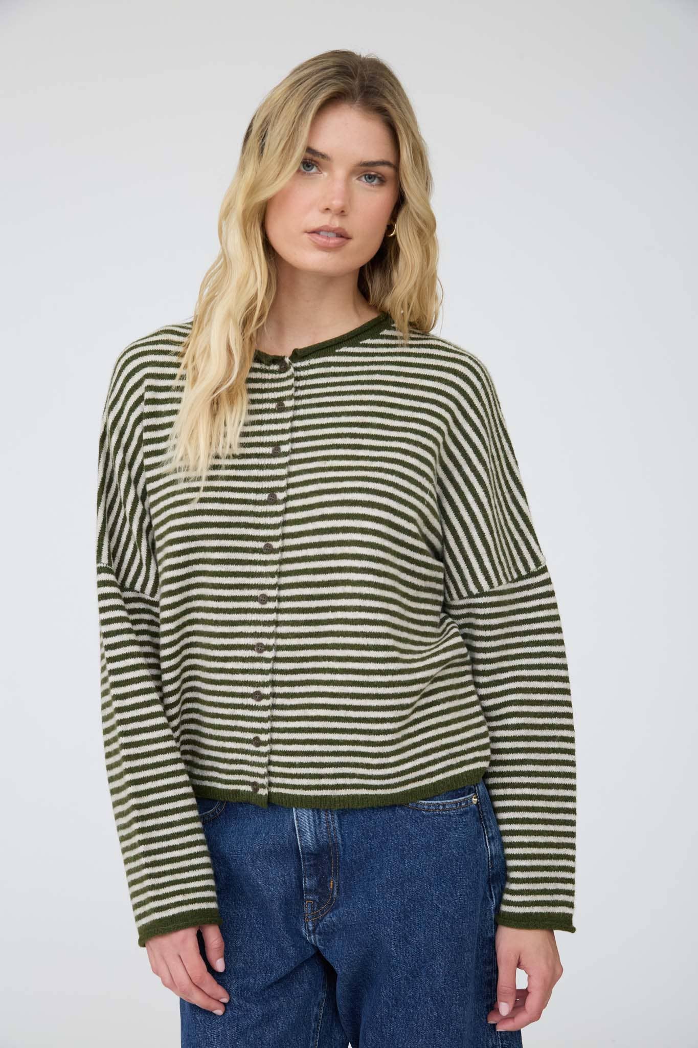 STRIPE RAW EDGE DROP SHOULDER KNIT CARDIGAN