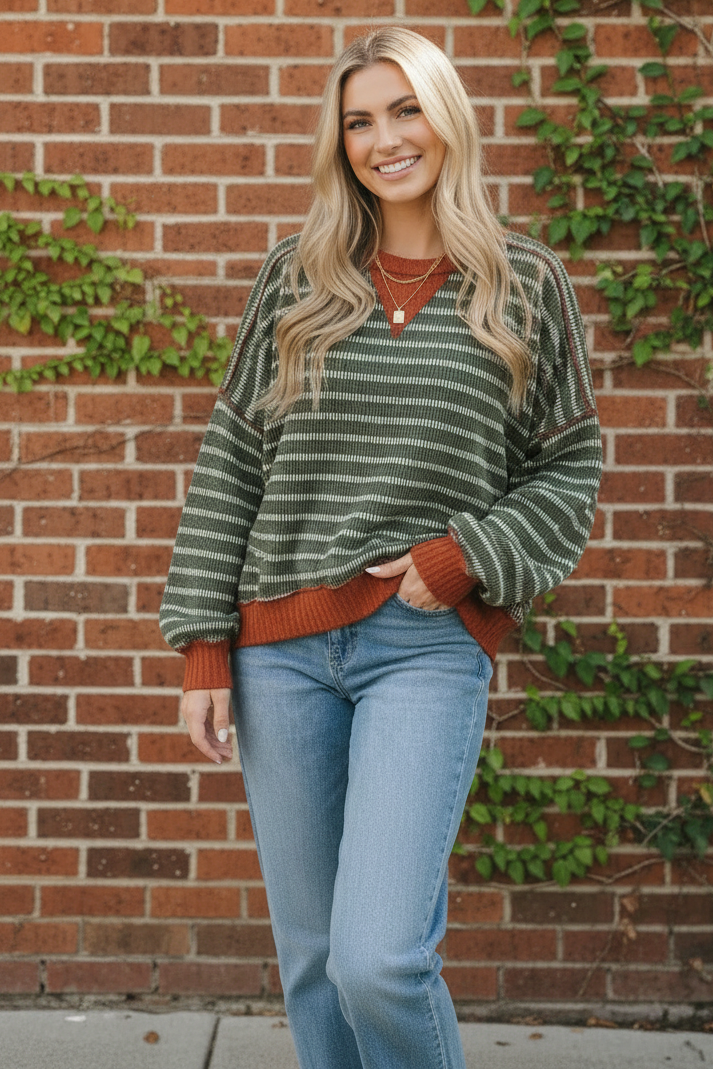 Crew Neck Stripe Pullover Knit Top