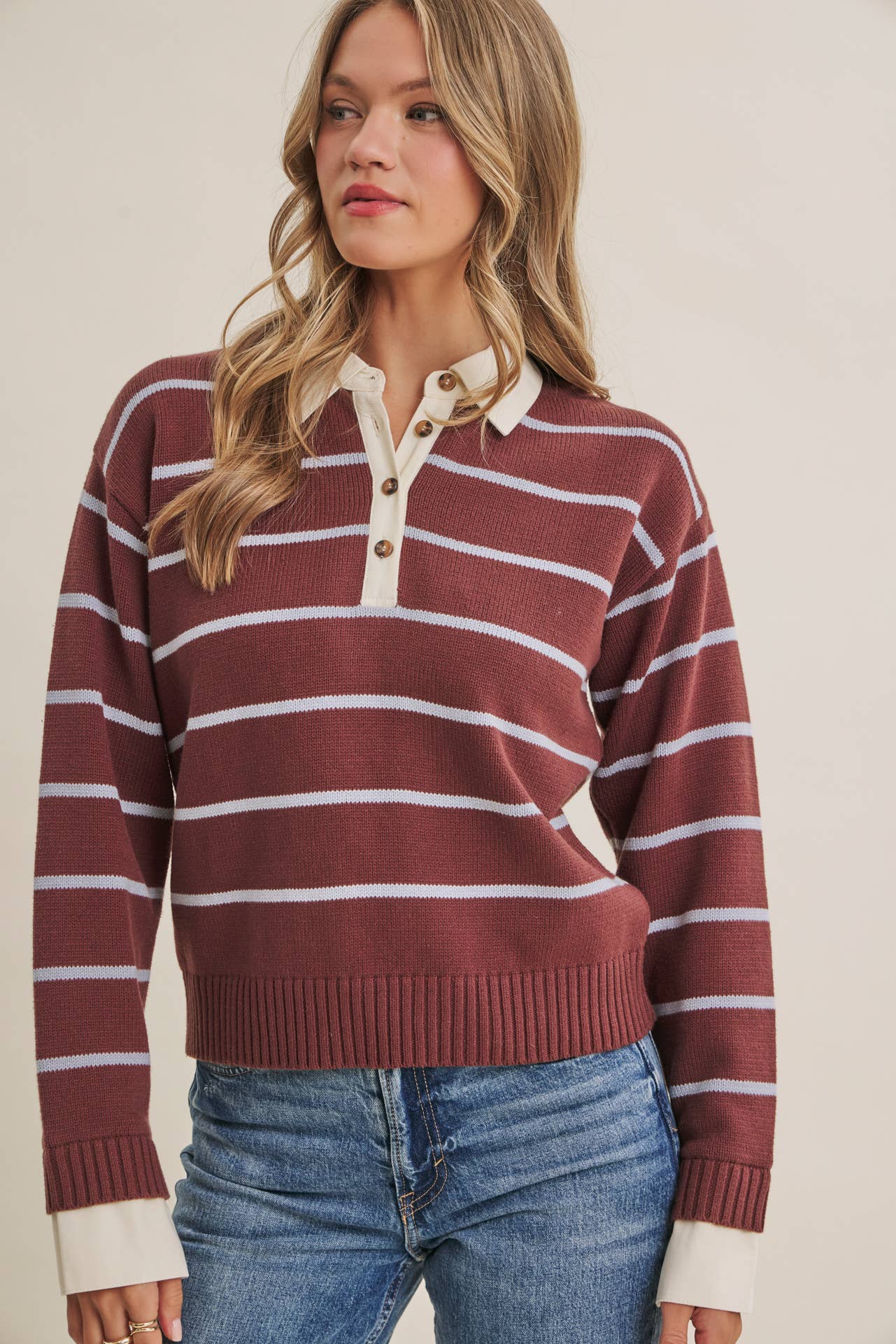 MODERN HERITAGE STRIPE HENLEY TWOFER SWEATER TOP