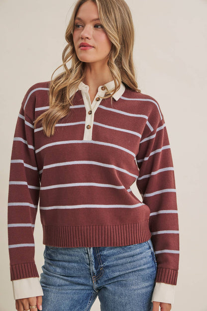 MODERN HERITAGE STRIPE HENLEY TWOFER SWEATER TOP