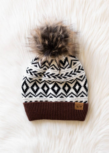 Ivory, Black & Brown Pattern Pom Hat