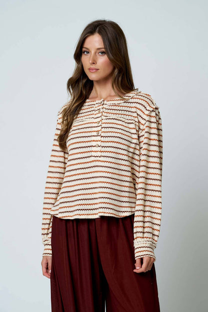 MULTICOLOR STRIPE YOKE DETAIL KNIT TOP