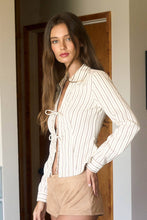 Load image into Gallery viewer, Pulling Strings Striped Collared Long Sleeve Front Tie Shirt