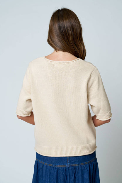 RAW EDGE HALF SLEEVE SWEATER KNIT TOP