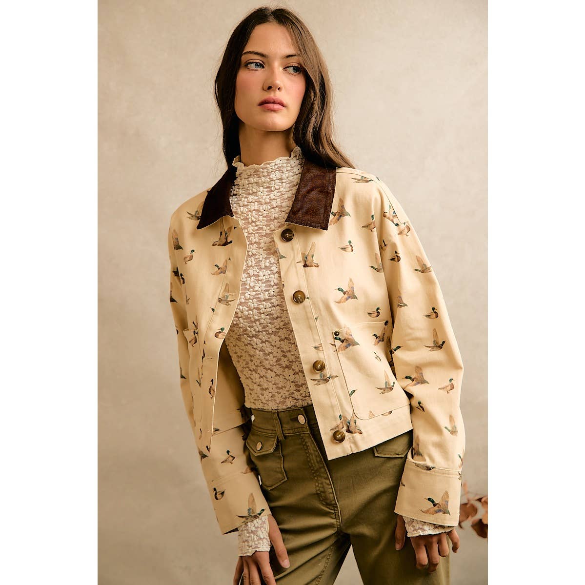 Mallard Duck Print Corduroy Collar Jacket