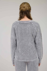 In My Comfy Era Mineral Washed Ribbed Split Neck Long Sleeve Knit Top