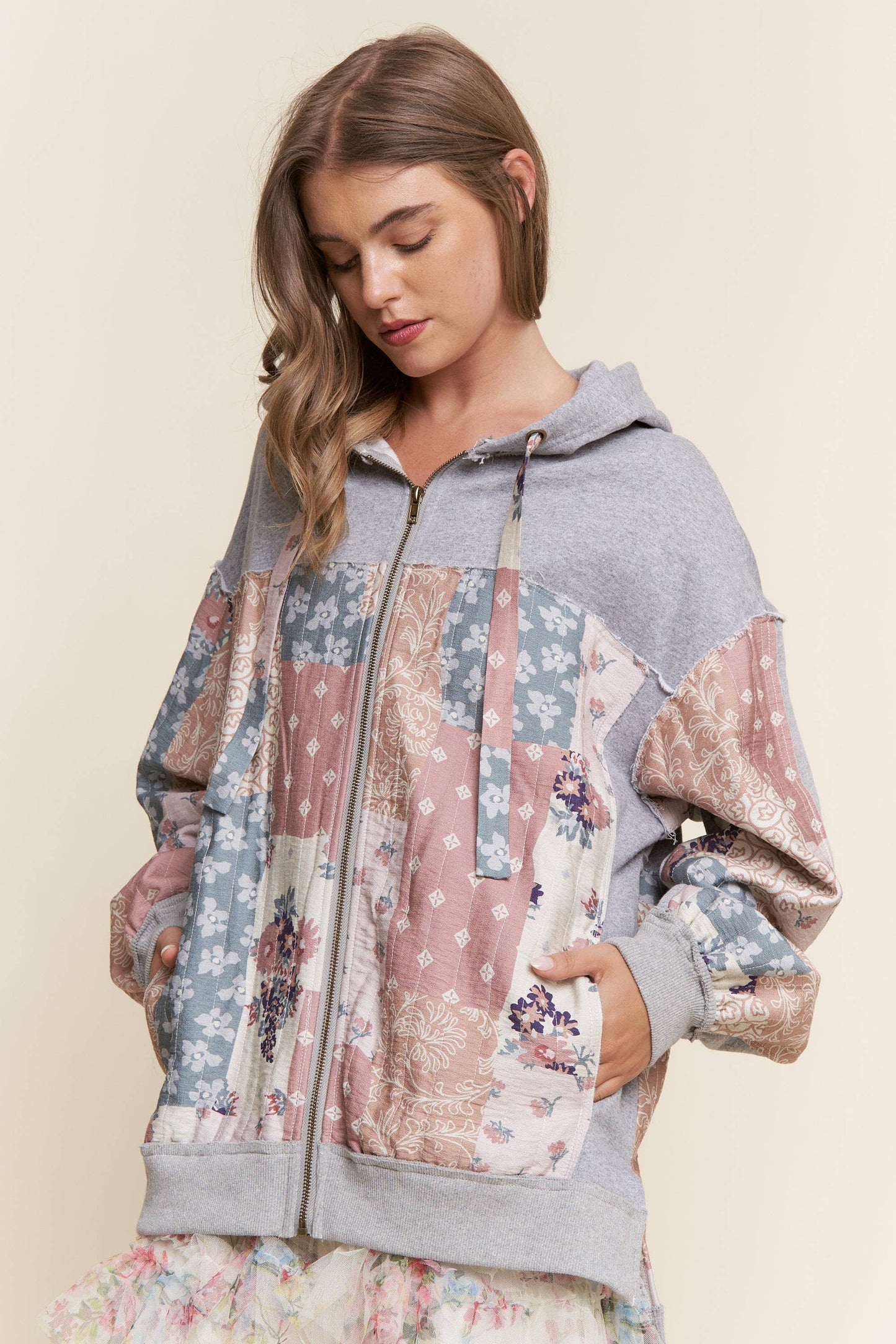 Multi Pattern Patchwork Zipper Hoodie