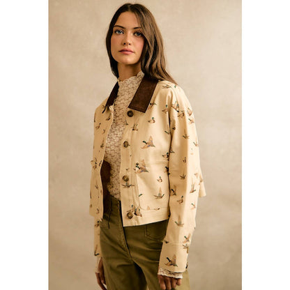 Mallard Duck Print Corduroy Collar Jacket