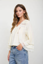 Load image into Gallery viewer, TEXTURED STRIPE LACE TRIM PLEATED BUTTON DOWN TOP