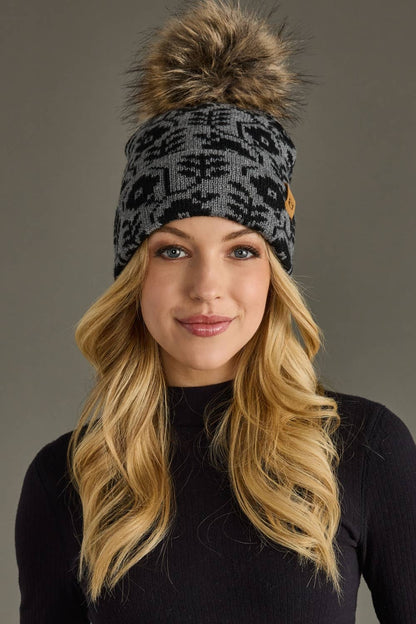 Gray & Black Floral Pattern Pom Hat