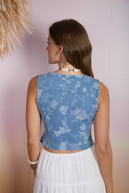 FLORAL JACQUARD BUTTON DOWN DENIM VEST