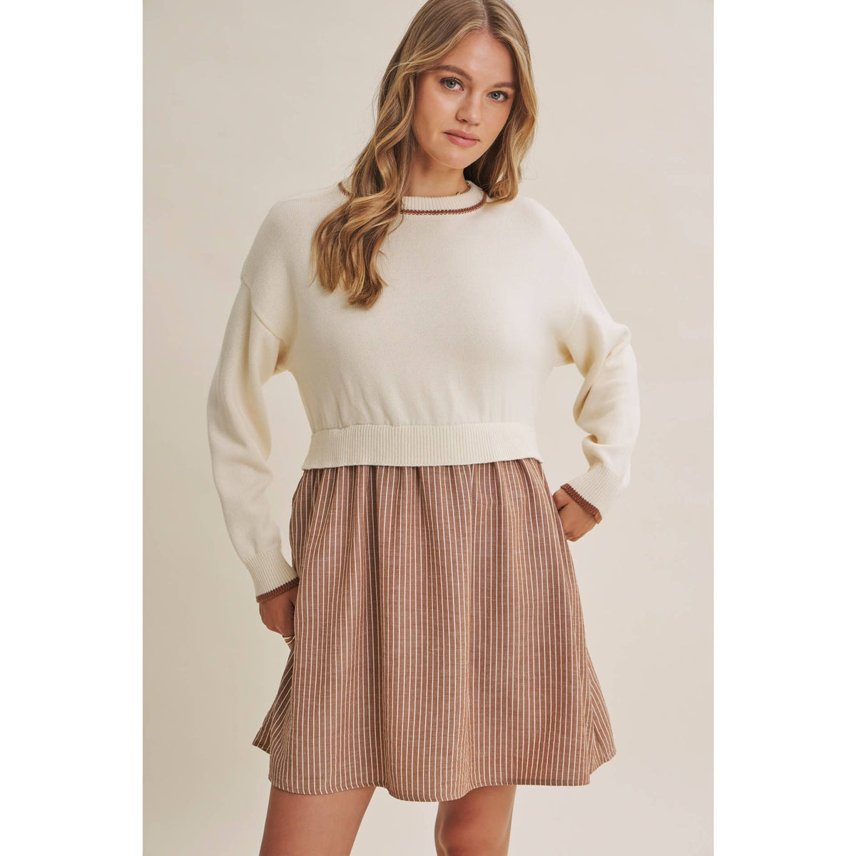 GOLDEN FIELDS LAYERED CONTRAST TWOFER STRIPE MINI DRESS
