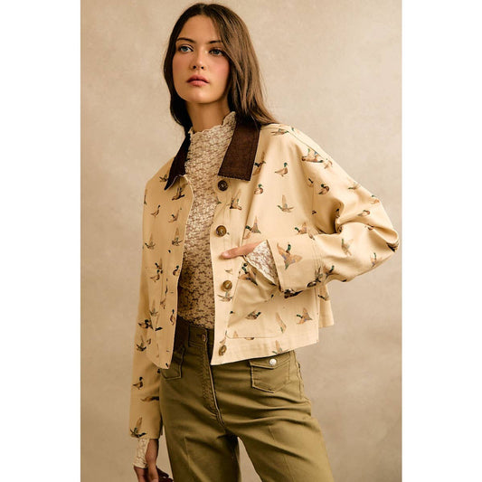 Feather and Field Mallard Duck Print Corduroy Collar Jacket