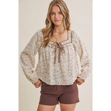 Load image into Gallery viewer, PRAIRIE ROMANCE BOTANICAL BOW TIE FRONT RUFFLED BLOUSE