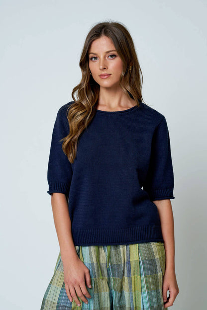 RAW EDGE HALF SLEEVE SWEATER KNIT TOP