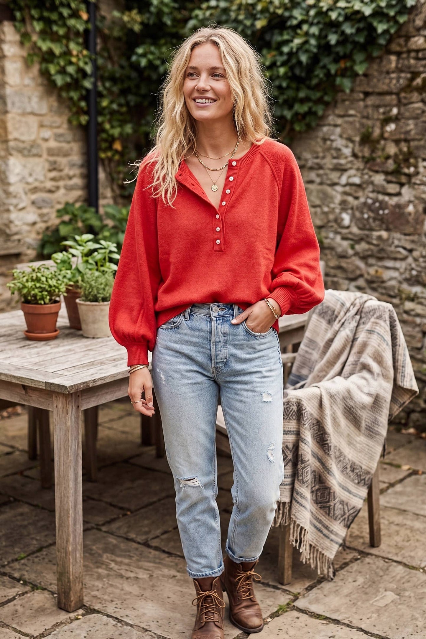 Sunday Social Henley Balloon Sleeve Sweater