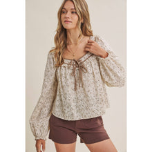 Load image into Gallery viewer, PRAIRIE ROMANCE BOTANICAL BOW TIE FRONT RUFFLED BLOUSE
