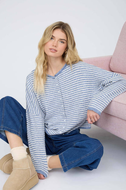 STRIPE RAW EDGE DROP SHOULDER KNIT CARDIGAN