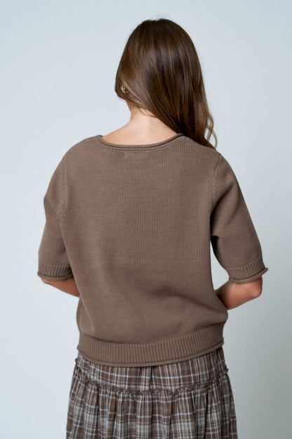 RAW EDGE HALF SLEEVE SWEATER KNIT TOP