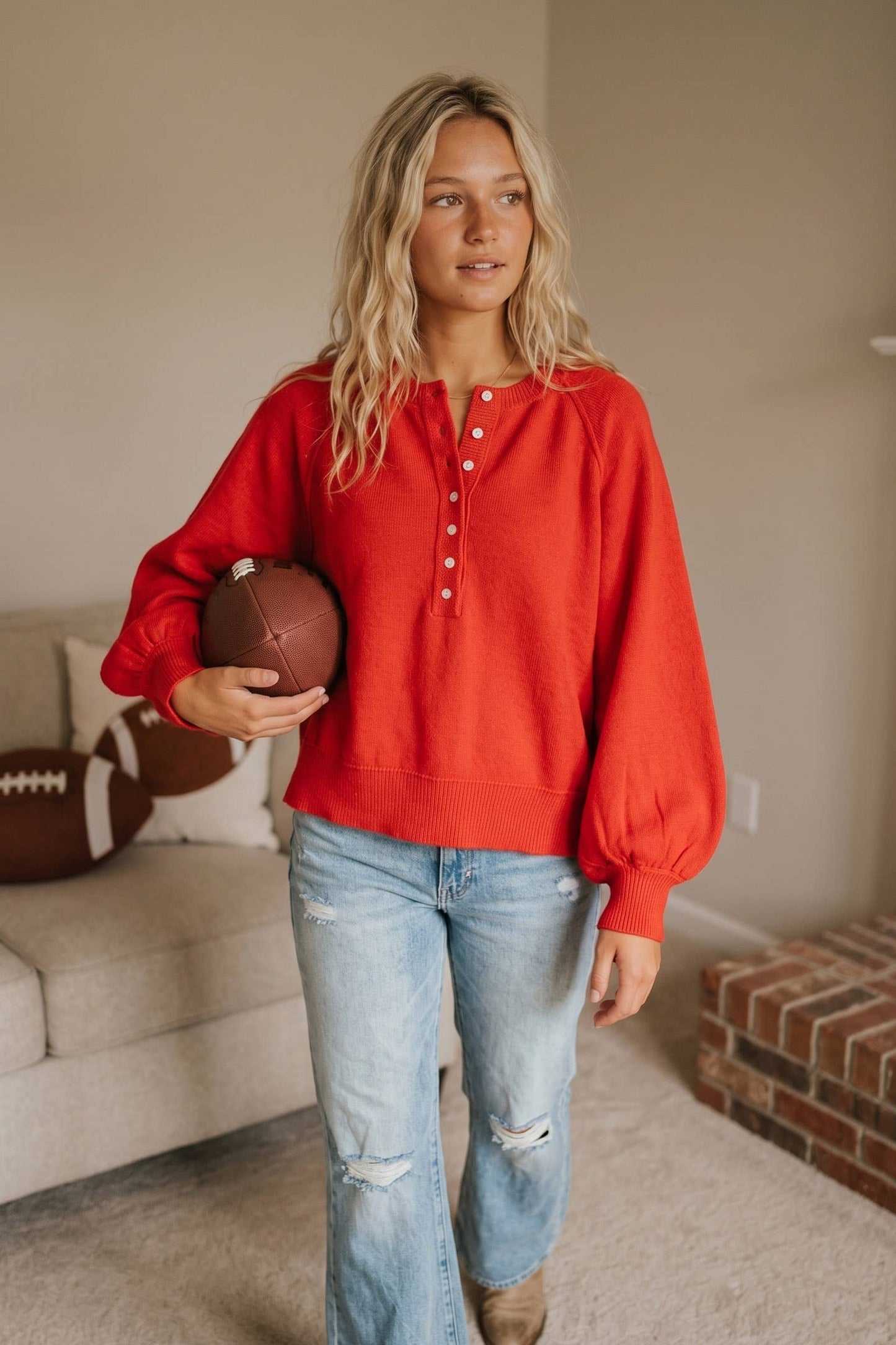 Sunday Social Henley Balloon Sleeve Sweater