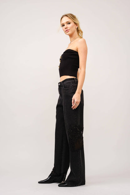 Lace Patchwork Straight Leg Jeans