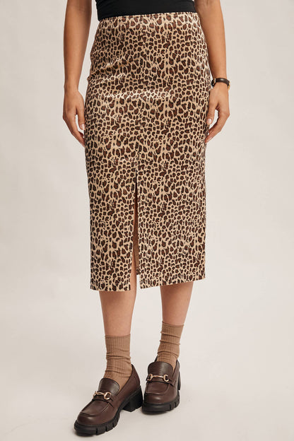 Wild Side Leopard Print Satin Midi Skirt