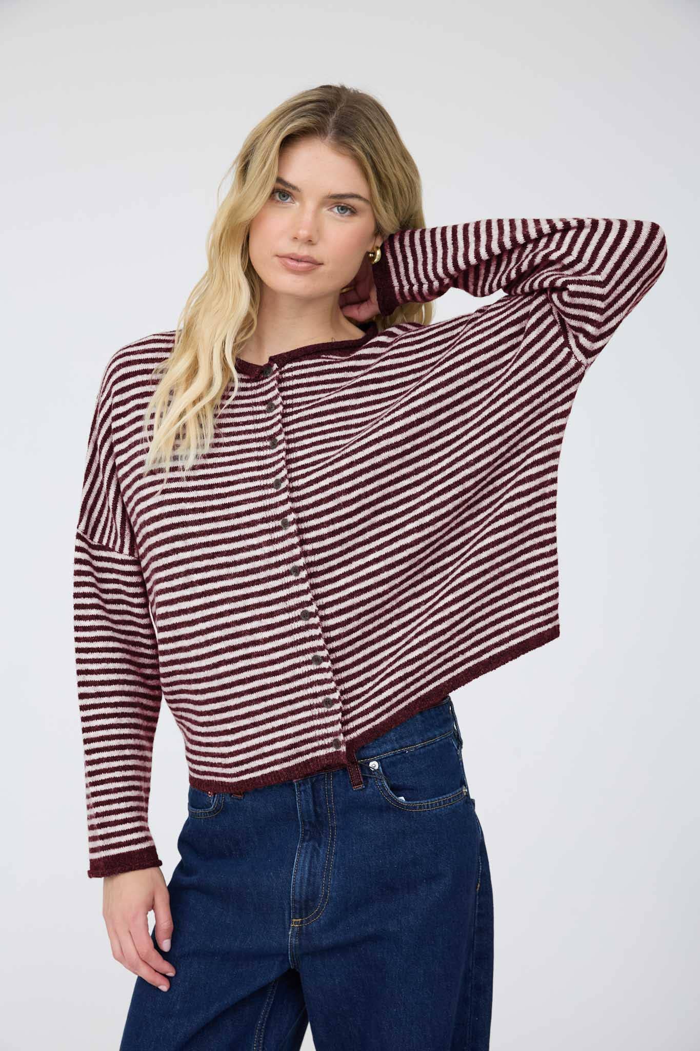 STRIPE RAW EDGE DROP SHOULDER KNIT CARDIGAN
