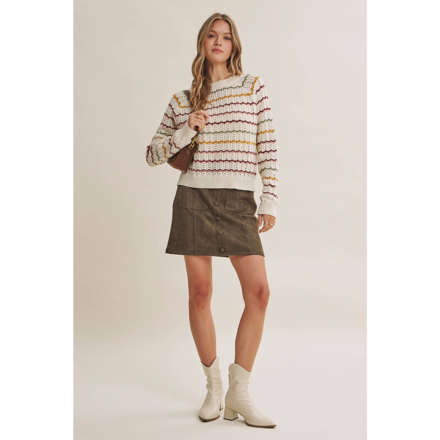 ARTISAN MULTI-COLOR CROCHET-LIKE SCALLOP STRIPE SWEATER
