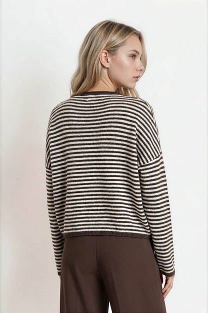 STRIPE RAW EDGE DROP SHOULDER KNIT CARDIGAN