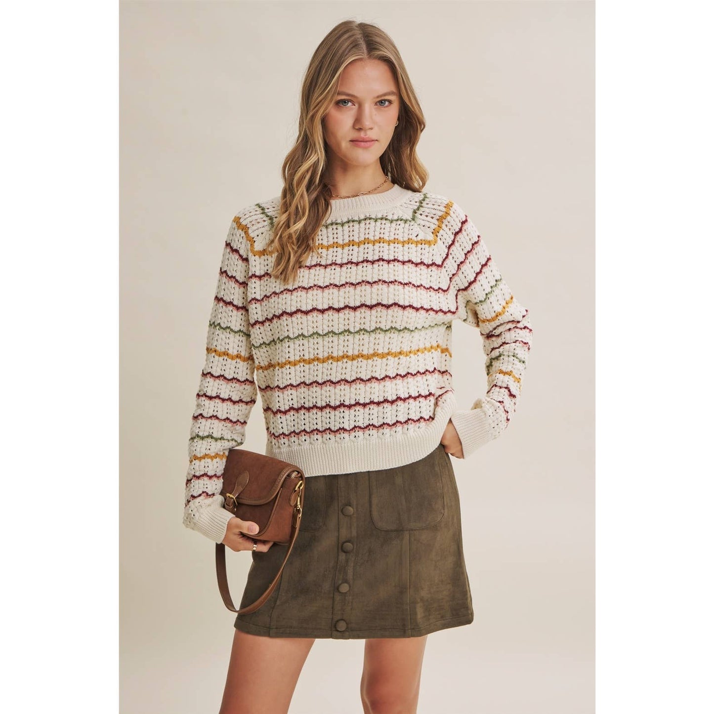ARTISAN MULTI-COLOR CROCHET-LIKE SCALLOP STRIPE SWEATER