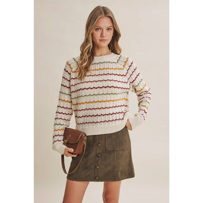ARTISAN MULTI-COLOR CROCHET-LIKE SCALLOP STRIPE SWEATER