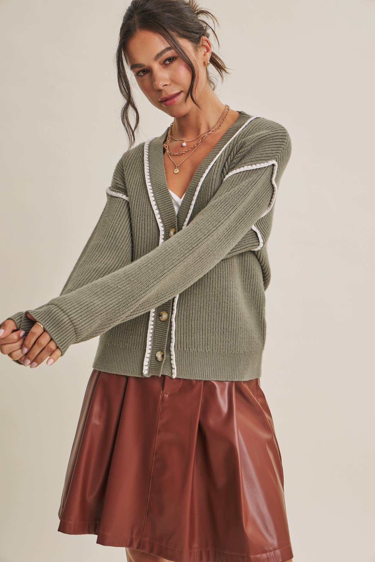 EVERYDAY COZY LAYERS CONTRAST STITCH BUTTON-DOWN CARDIGAN