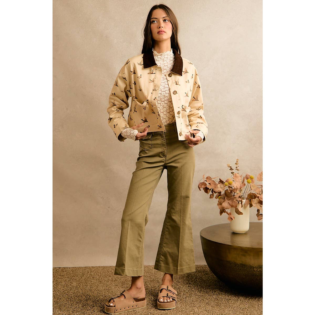 Mallard Duck Print Corduroy Collar Jacket