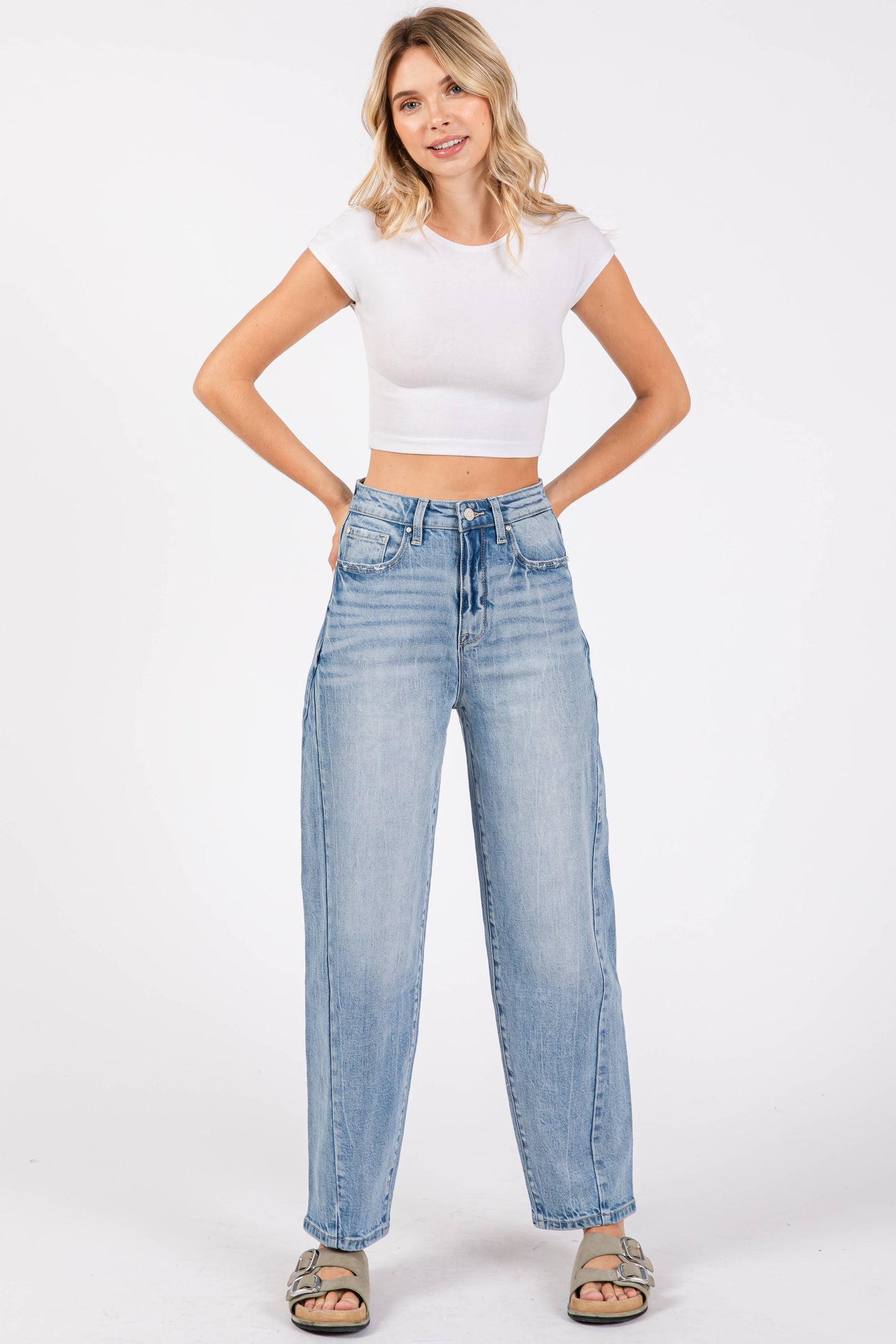 LM SIDE SEAM DETAILING HIGH RISE COMFORT BARREL JEANS