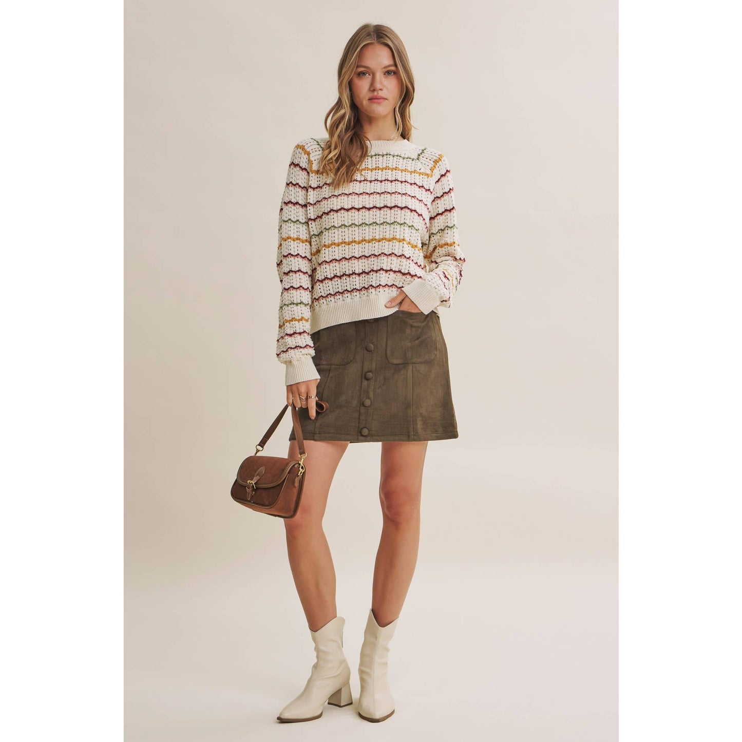 ARTISAN MULTI-COLOR CROCHET-LIKE SCALLOP STRIPE SWEATER