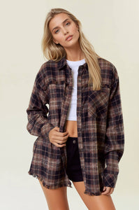 Bonfire Nights Plaid Flannel Shirt W/ Frayed Hem